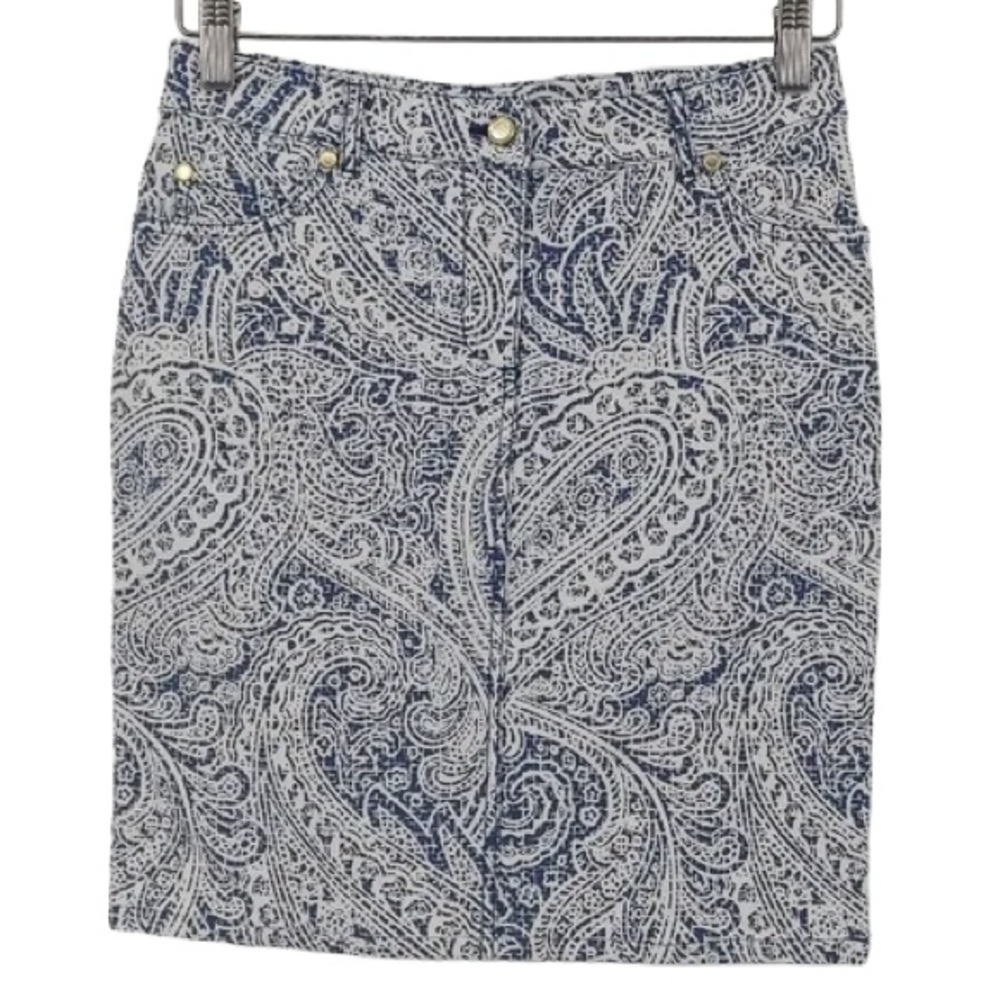 J. McLaughlin Paisley White and Blue Denim Pencil Skirt 8